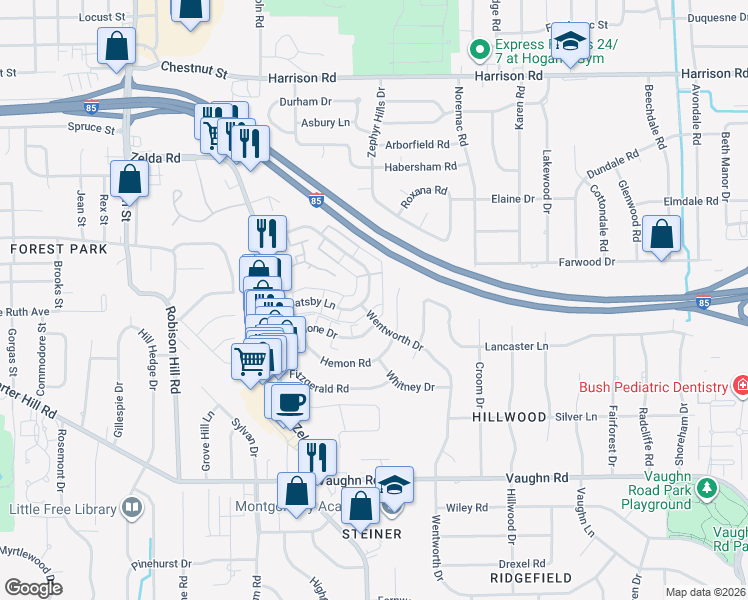 map of restaurants, bars, coffee shops, grocery stores, and more near 3216 Gatsby Lane in Montgomery