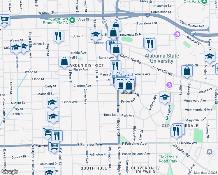 map of restaurants, bars, coffee shops, grocery stores, and more near 466 Earl Place in Montgomery