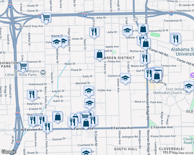 map of restaurants, bars, coffee shops, grocery stores, and more near 1426 South Court Street in Montgomery
