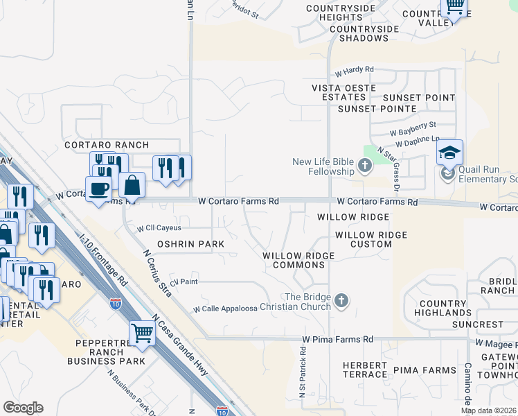 map of restaurants, bars, coffee shops, grocery stores, and more near 5226 West Spring Willow Court in Tucson