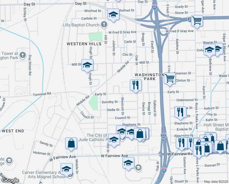 map of restaurants, bars, coffee shops, grocery stores, and more near 1308 Maple Street in Montgomery