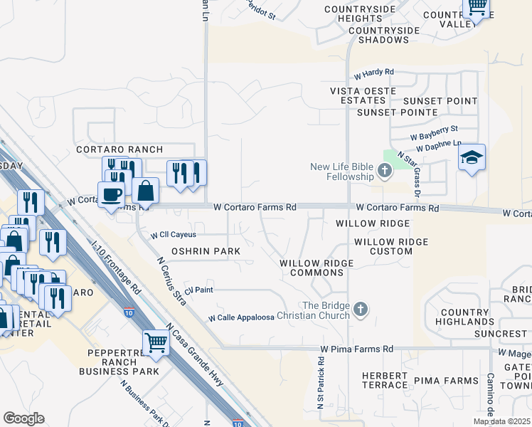 map of restaurants, bars, coffee shops, grocery stores, and more near 5226 West Spring Willow Court in Tucson