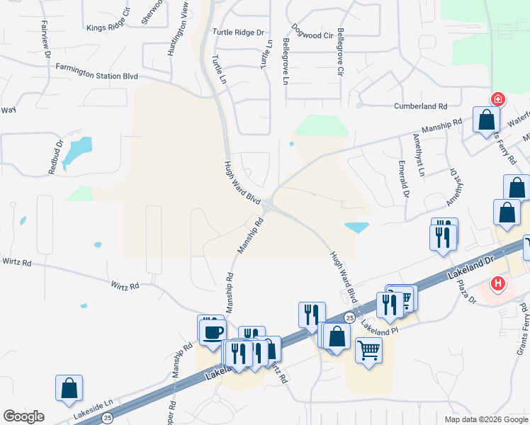 map of restaurants, bars, coffee shops, grocery stores, and more near 2151 Manship Road in Flowood