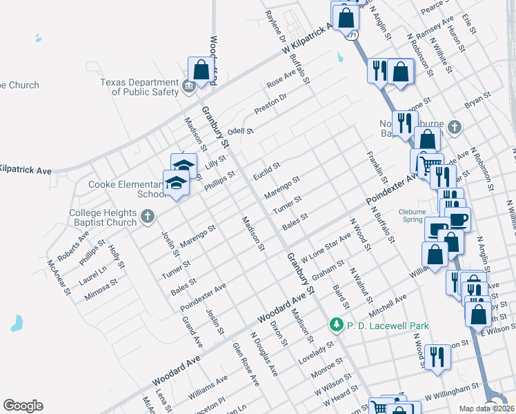 map of restaurants, bars, coffee shops, grocery stores, and more near 511 Marengo Street in Cleburne