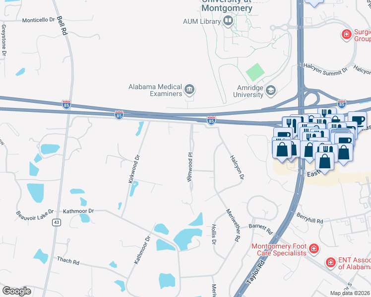 map of restaurants, bars, coffee shops, grocery stores, and more near 6424 Wynwood Place in Montgomery