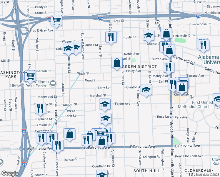 map of restaurants, bars, coffee shops, grocery stores, and more near 1426 South Court Street in Montgomery