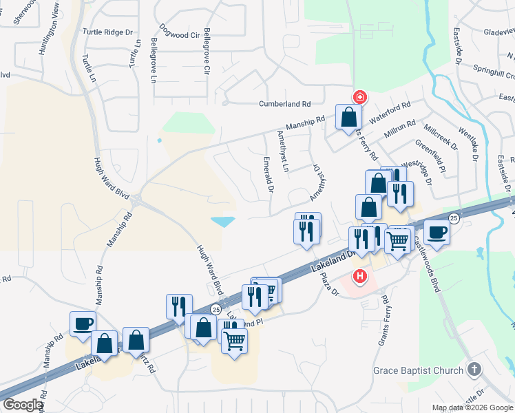 map of restaurants, bars, coffee shops, grocery stores, and more near 151 Amethyst Drive in Brandon