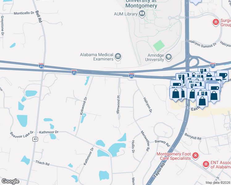 map of restaurants, bars, coffee shops, grocery stores, and more near 6424 Wynwood Place in Montgomery