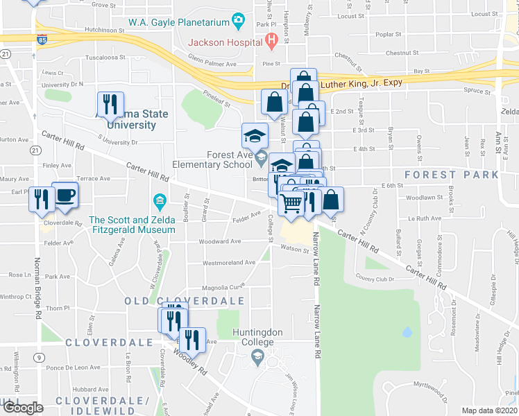 map of restaurants, bars, coffee shops, grocery stores, and more near 2045 Hazel Hedge Lane in Montgomery