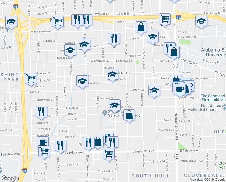 map of restaurants, bars, coffee shops, grocery stores, and more near 1426 South Court Street in Montgomery