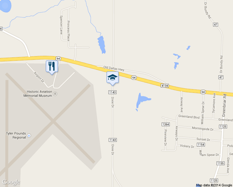 map of restaurants, bars, coffee shops, grocery stores, and more near 417 County Road 1143 in Tyler