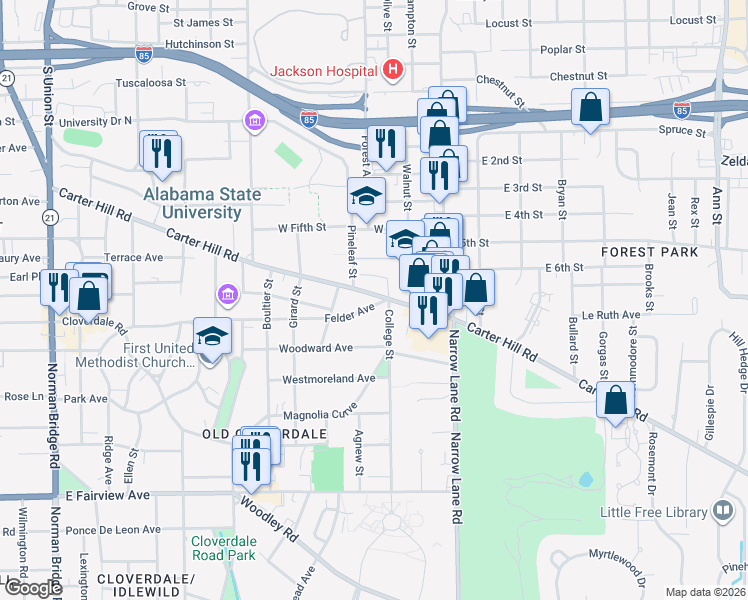 map of restaurants, bars, coffee shops, grocery stores, and more near 2045 Hazel Hedge Lane in Montgomery