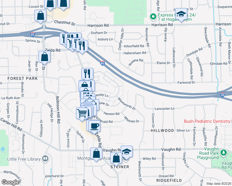 map of restaurants, bars, coffee shops, grocery stores, and more near Gatsby Court in Montgomery