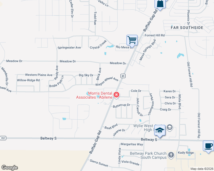 map of restaurants, bars, coffee shops, grocery stores, and more near 7534 Penney Lane in Abilene