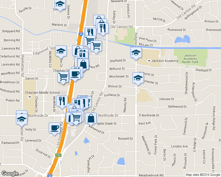 map of restaurants, bars, coffee shops, grocery stores, and more near 1414 Brecon Drive in Jackson
