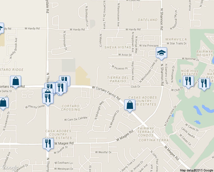 map of restaurants, bars, coffee shops, grocery stores, and more near 3326 West Calle De Manzanillo in Tucson