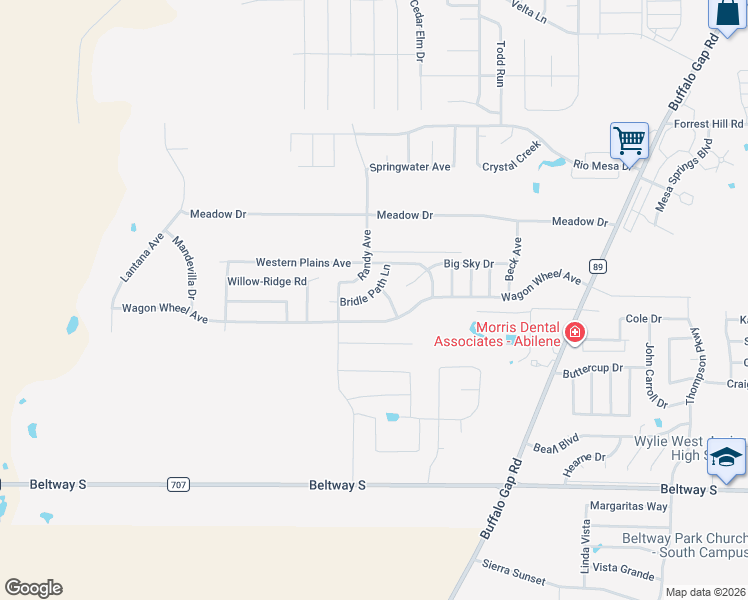 map of restaurants, bars, coffee shops, grocery stores, and more near 5133 Bridle Path Lane in Abilene