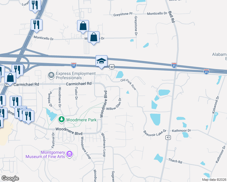 map of restaurants, bars, coffee shops, grocery stores, and more near 6307 Willow Glen Court in Montgomery