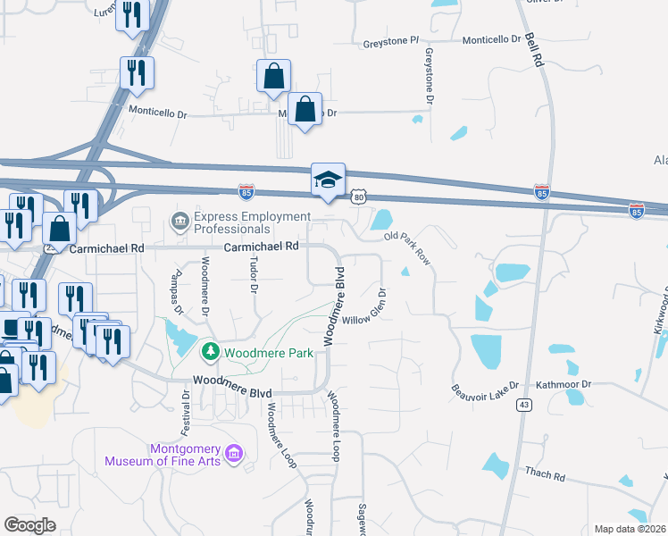 map of restaurants, bars, coffee shops, grocery stores, and more near 6255 Woodmere Boulevard in Montgomery
