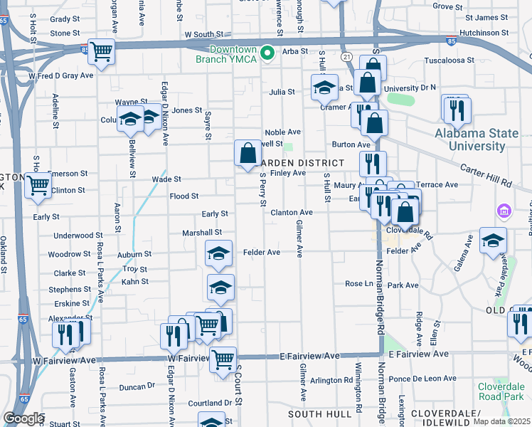 map of restaurants, bars, coffee shops, grocery stores, and more near 1324 South Perry Street in Montgomery