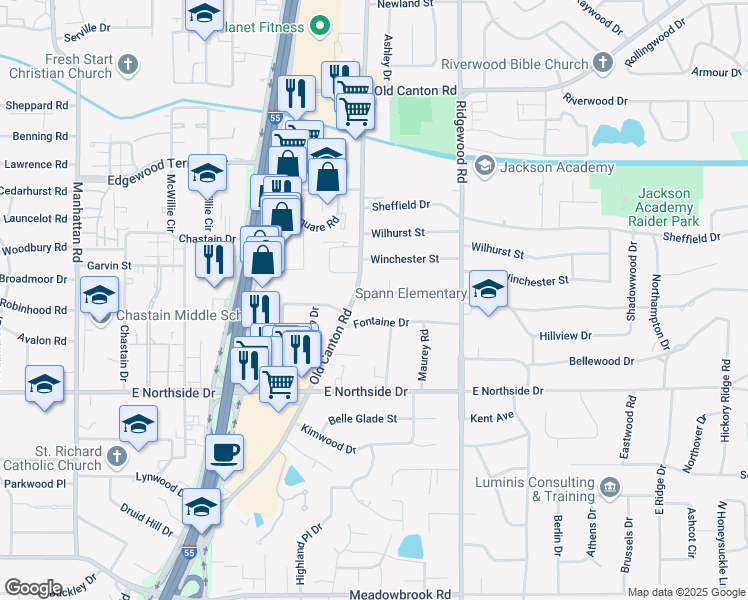 map of restaurants, bars, coffee shops, grocery stores, and more near 1414 Brecon Drive in Jackson