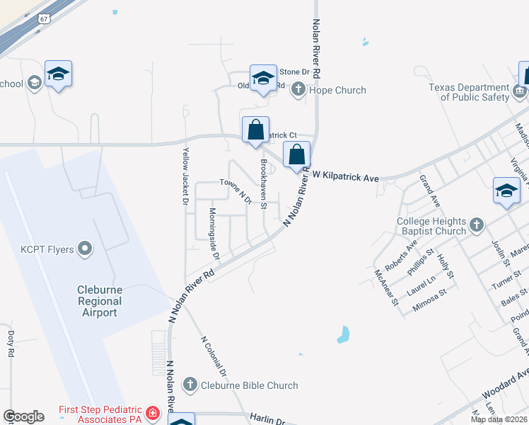 map of restaurants, bars, coffee shops, grocery stores, and more near 1604 Woodside Lane East in Cleburne