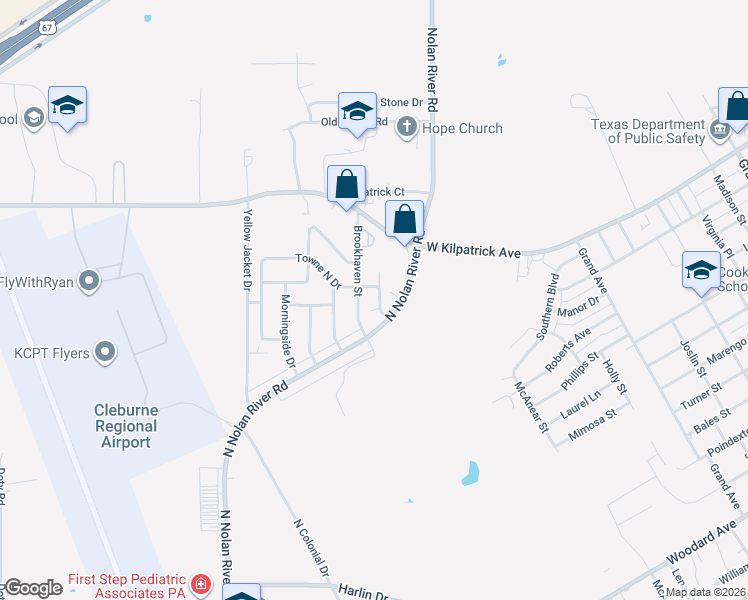 map of restaurants, bars, coffee shops, grocery stores, and more near 1609 Sun Valley Drive in Cleburne