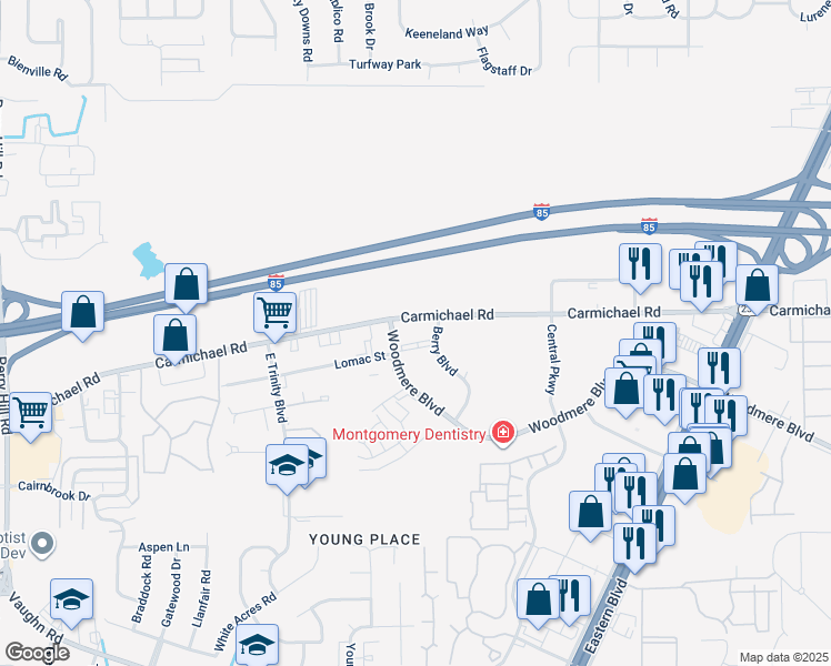 map of restaurants, bars, coffee shops, grocery stores, and more near 4344 Carmichael Road in Montgomery