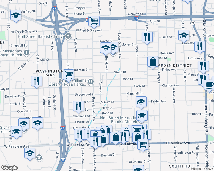 map of restaurants, bars, coffee shops, grocery stores, and more near 400 Early Street in Montgomery