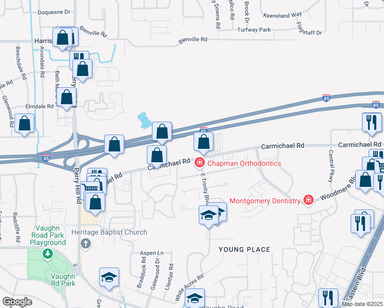 map of restaurants, bars, coffee shops, grocery stores, and more near 1401 I85 Parkway in Montgomery
