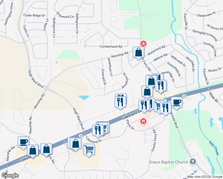 map of restaurants, bars, coffee shops, grocery stores, and more near 151 Amethyst Drive in Brandon