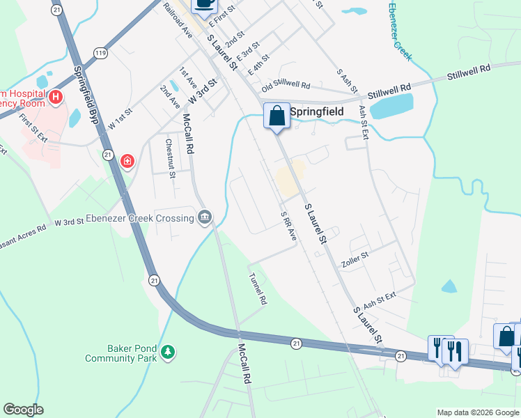 map of restaurants, bars, coffee shops, grocery stores, and more near 832 South Railroad Avenue in Springfield