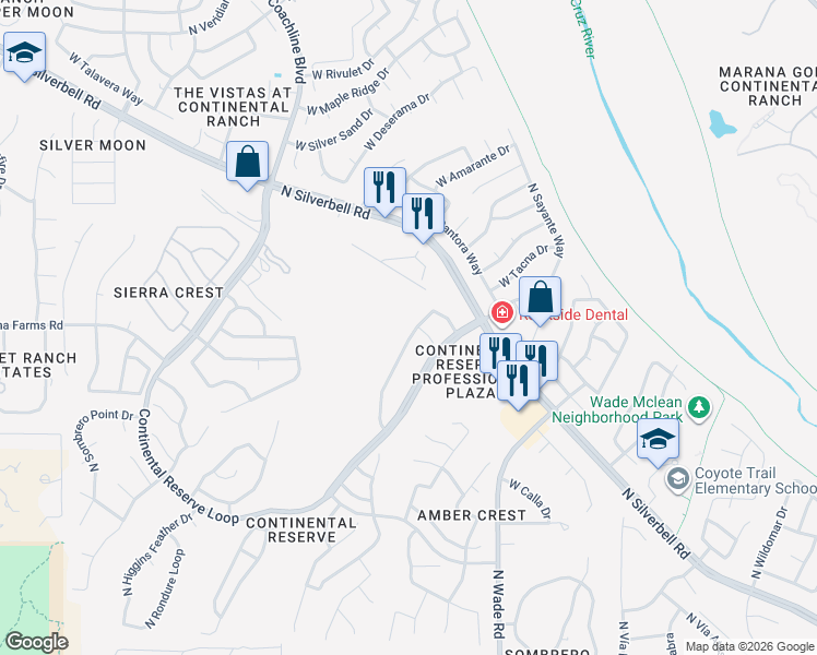 map of restaurants, bars, coffee shops, grocery stores, and more near 8387 North Amber Burst Drive in Tucson