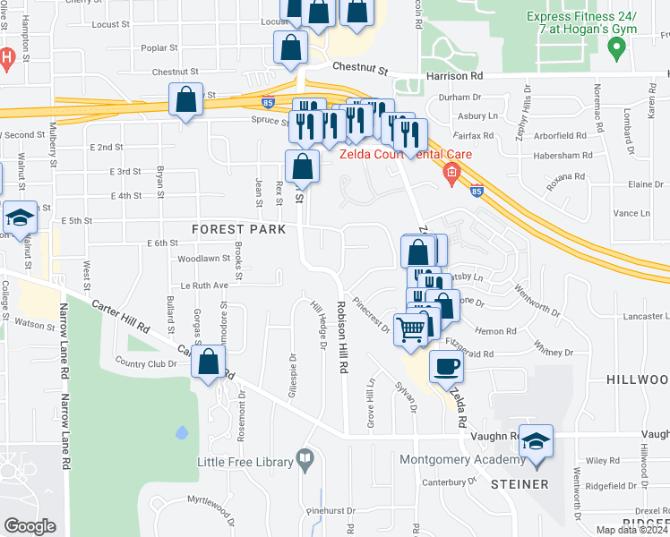 map of restaurants, bars, coffee shops, grocery stores, and more near 1723 Robison Hill Road in Montgomery