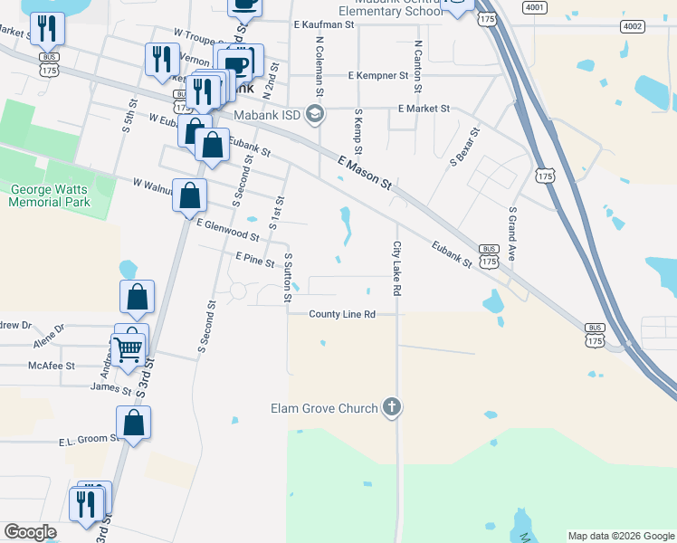 map of restaurants, bars, coffee shops, grocery stores, and more near 703 South Sutton Street in Mabank