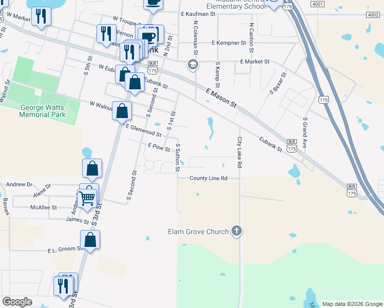 map of restaurants, bars, coffee shops, grocery stores, and more near 709 South Sutton Street in Mabank