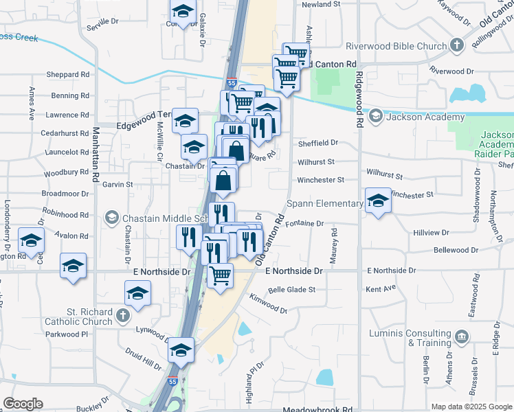 map of restaurants, bars, coffee shops, grocery stores, and more near 328 Maywood Circle in Jackson