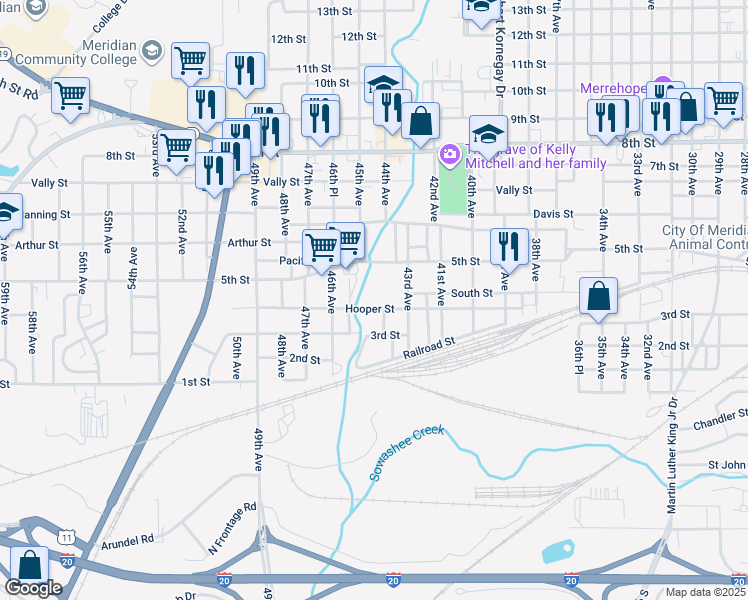 map of restaurants, bars, coffee shops, grocery stores, and more near 4402 Hooper Street in Meridian