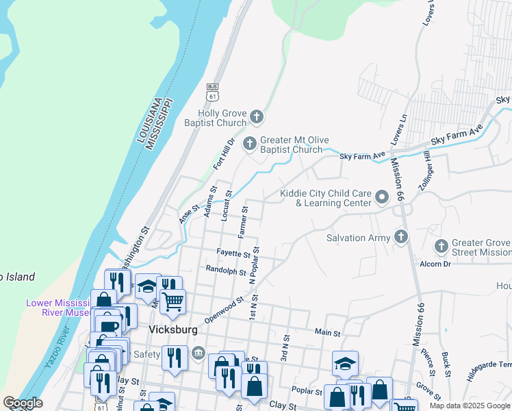 map of restaurants, bars, coffee shops, grocery stores, and more near 1301 Maulding Drive in Vicksburg