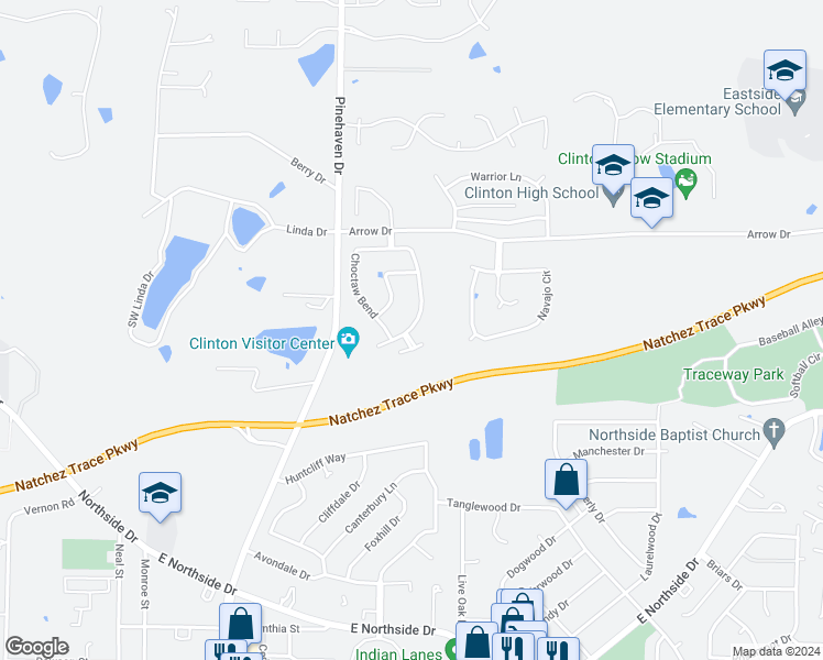 map of restaurants, bars, coffee shops, grocery stores, and more near 152 Choctaw Bend in Clinton