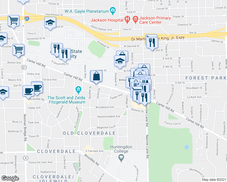 map of restaurants, bars, coffee shops, grocery stores, and more near in Montgomery