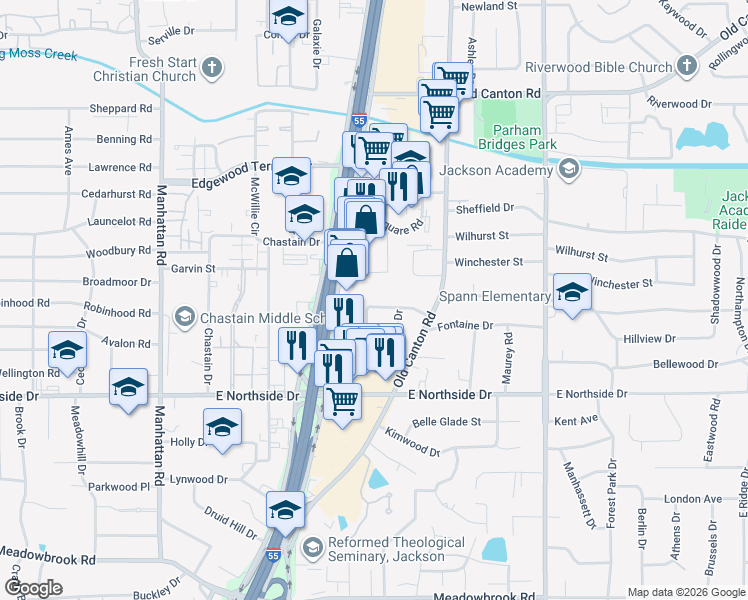map of restaurants, bars, coffee shops, grocery stores, and more near 328 Maywood Circle in Jackson