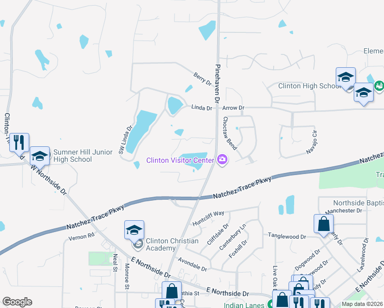 map of restaurants, bars, coffee shops, grocery stores, and more near 107 Pinehaven Cove in Clinton