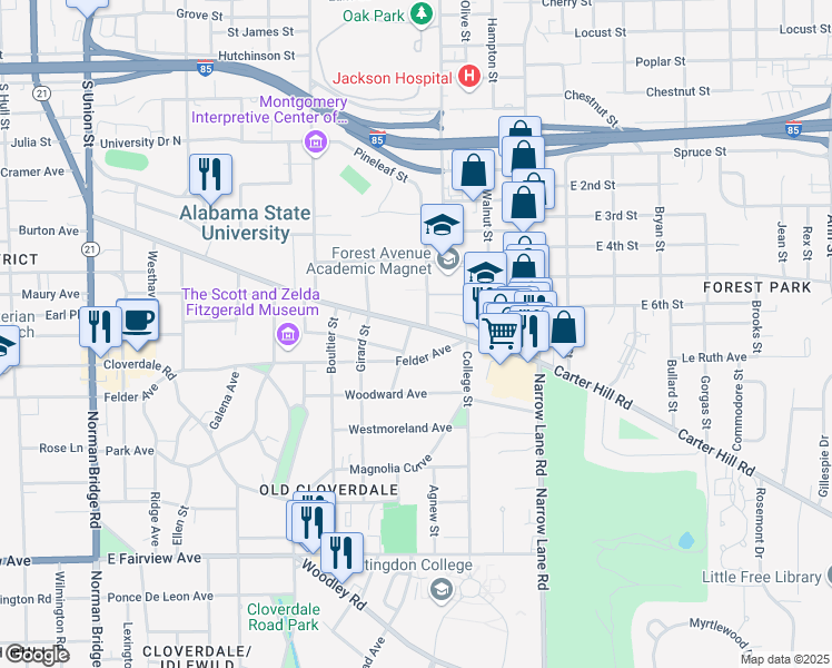 map of restaurants, bars, coffee shops, grocery stores, and more near in Montgomery