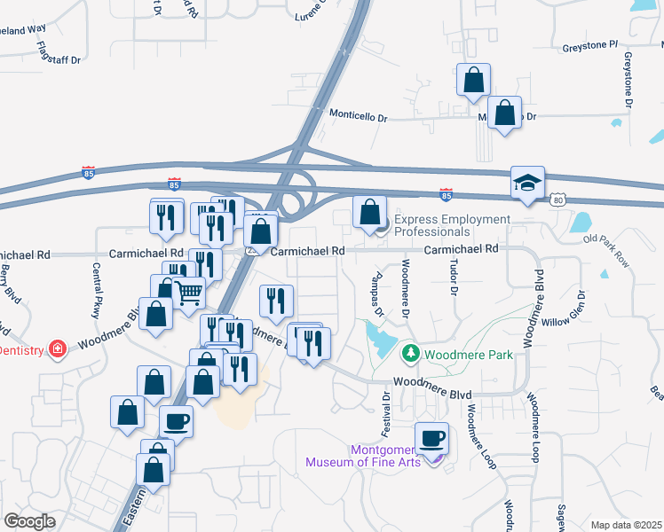 map of restaurants, bars, coffee shops, grocery stores, and more near 5600 Carmichael Road in Montgomery