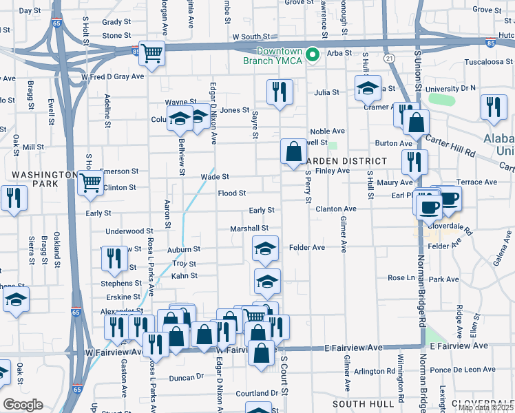 map of restaurants, bars, coffee shops, grocery stores, and more near 108 Early Street in Montgomery