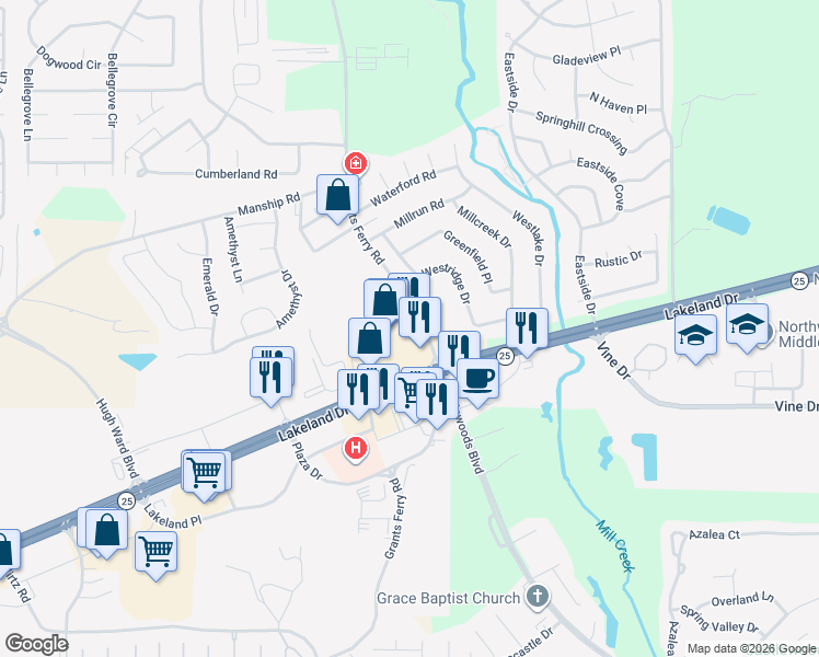 map of restaurants, bars, coffee shops, grocery stores, and more near 624 Grants Ferry Road in Brandon