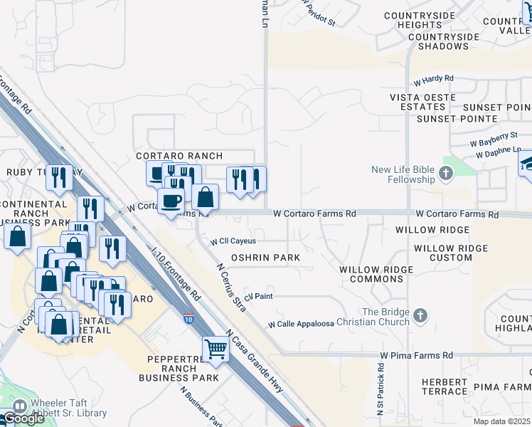 map of restaurants, bars, coffee shops, grocery stores, and more near West Cortaro Farms Road & North Hartman Lane in Tucson