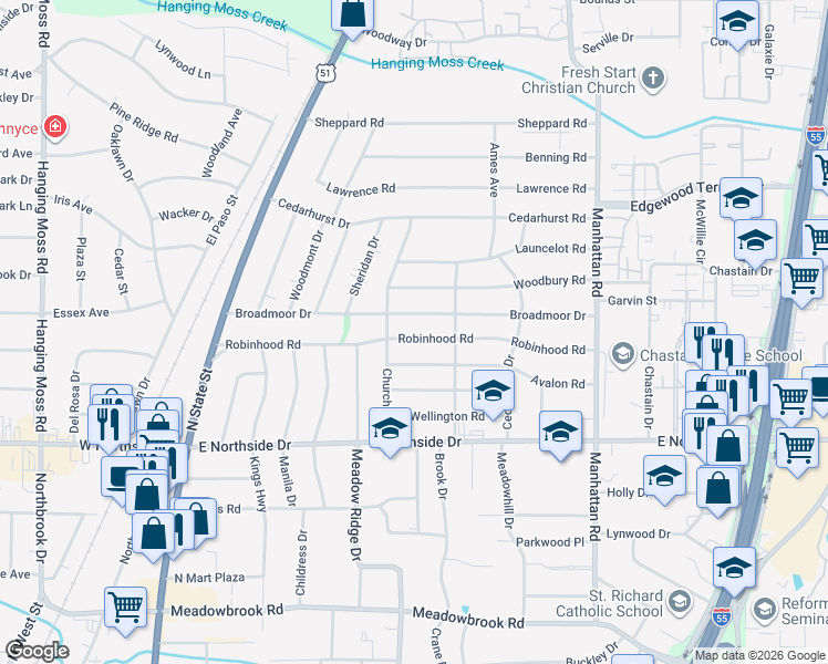 map of restaurants, bars, coffee shops, grocery stores, and more near 532 Robinhood Road in Jackson