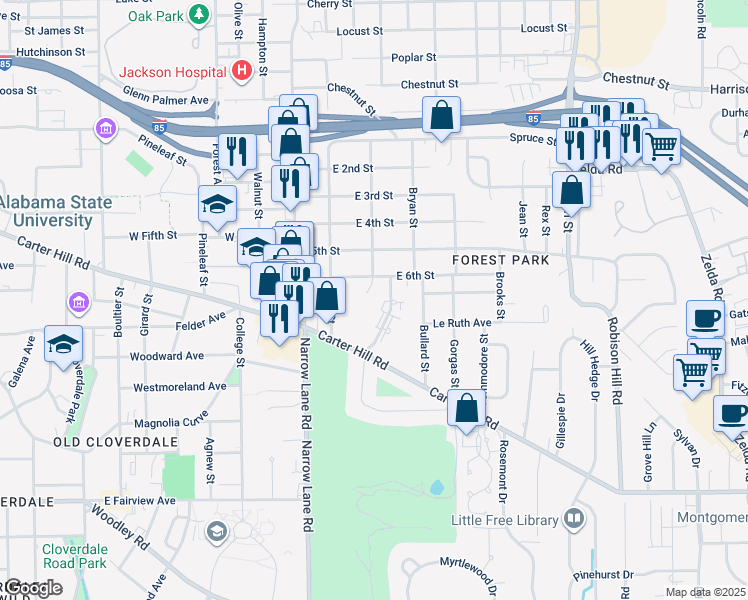 map of restaurants, bars, coffee shops, grocery stores, and more near 2020 North Country Club Drive in Montgomery